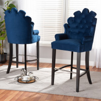 Baxton Studio BBT5408B-Navy Blue VelvetWenge-BS Baxton Studio Chloe Modern and Contemporary Navy Blue Velvet Upholstered and Dark Brown Finished Wood 2-Piece Bar Stool Set